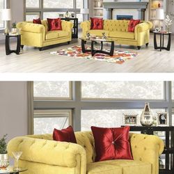 Yellow Tufted Sofa & Loveseat