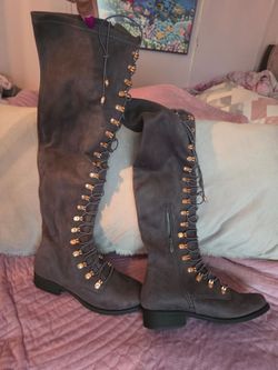 Gray Knee-High Lace-Up Combat Boots
