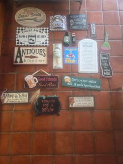 Set of 20 Vintage Signs Metal and Wood, will sell individually too Set for $50