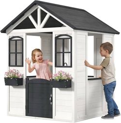 All Spruce Outdoor Kids Playhouse for Kids Ages 3-8 Toddler Wooden Playhouse with Sink, Stove, Flower Pot Holders, Phone, Kitchen with Food Kitchenwar