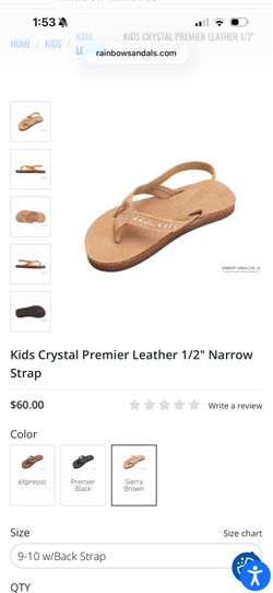 Rainbow Sandals: Kids size 9-10 Crystal Premier Leather 1/2" Narrow Strap