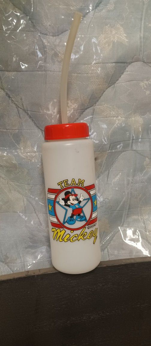 Antique Disneyland Team Mickey Mouse 1970's-80's Disney Park Plastic Tumbler w/ Straw