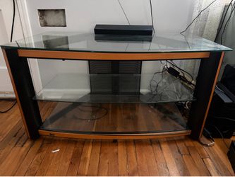 Modern Glass TV Stand with Wood Accent & 3-Tier Shelving
