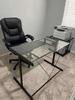 Title: Modern Glass Office Desk + Rolling Printer Stand + Executive Office Chair - Excellent Condition
