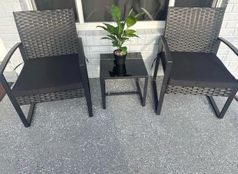 (DELIVERY) NEW Fully Assembled Wrapped Patio Wicker Chairs Pair & Table & Cushions