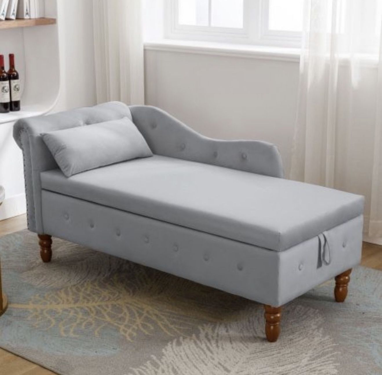 NEW Grey Velvet Upholstered Chaise Lounge Sleep Sofa with Storage & Pillow, Nailhead Trim