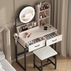 😀 Fameill Makeup Vanity Desk with Lights and Round Mirror, White Vanity Makeup Table, Small Vanity Set Make Up Vanity with Lots Storage, 3 Lighting M