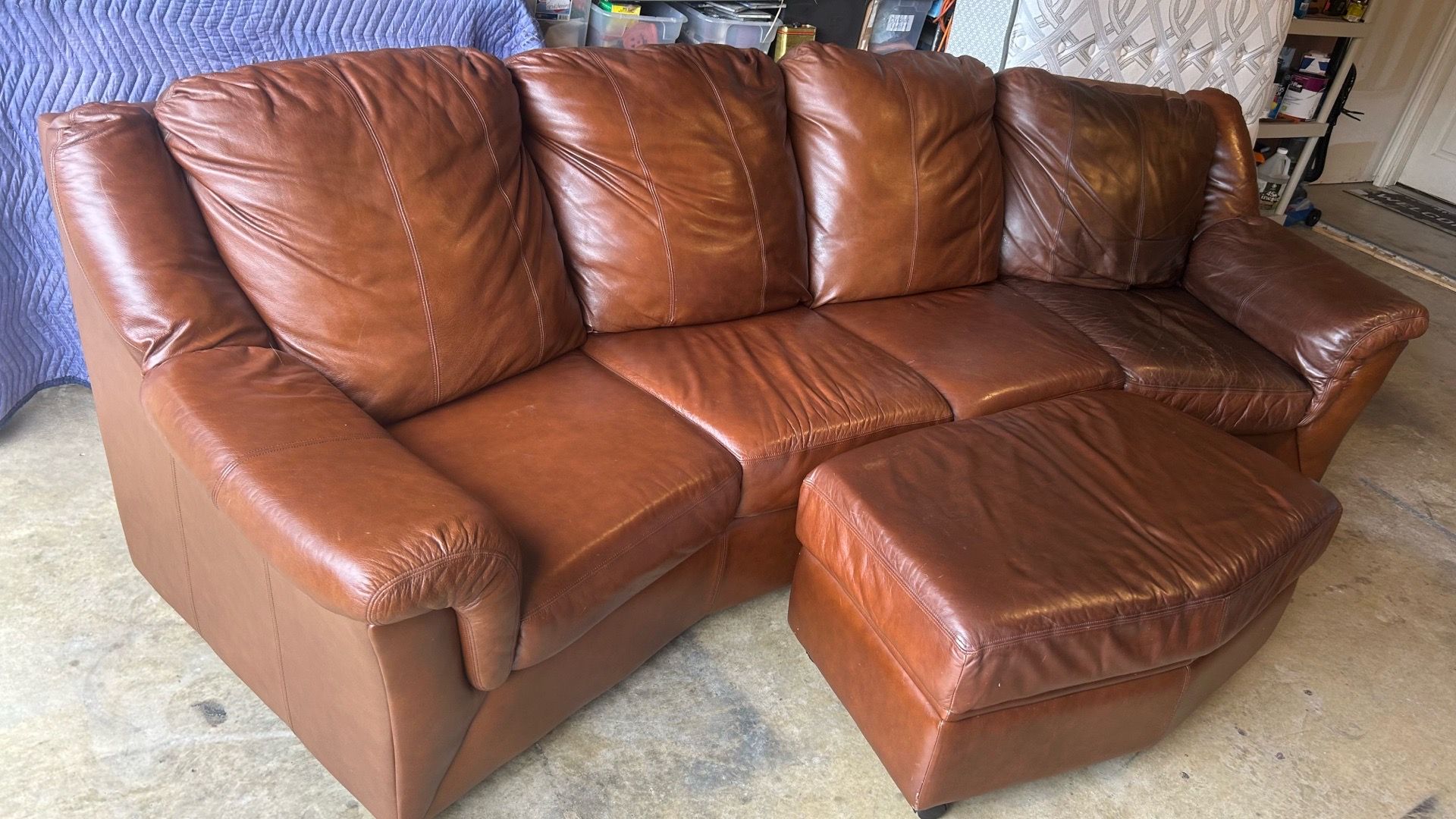 Brown Genuine Leather Sofa + Oversized Ottoman with Storage