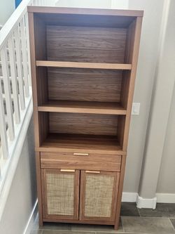 Wood Bookcase with Rattan Cabinet Doors