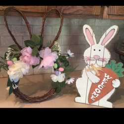 Spring/Easter decor items: bunny wreath and bunny wooden welcme stand o