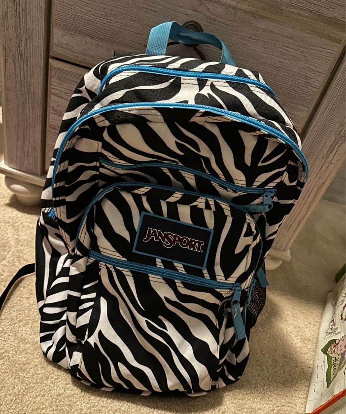 Jansport Blue and zebra double zipper backpack