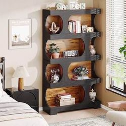 New Modern 71-Inch Tall, 4-Tier S-Shaped Black and Brown Shelving Unit Organizer For Home Or Office