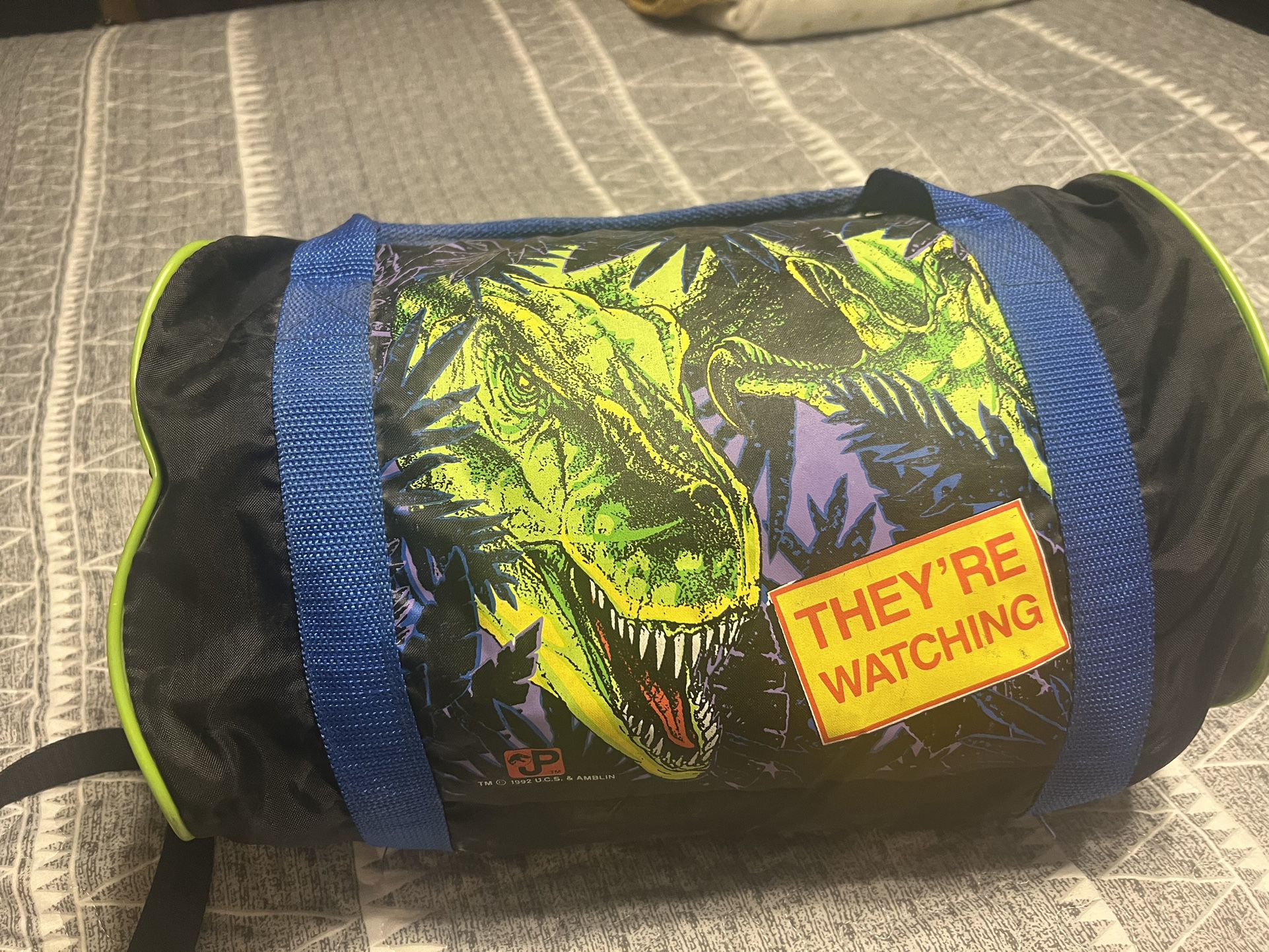 Vintage Jurassic Park, Sleeping Bag With Original Sleeping Bag And Original Sleeping Bag Holder
