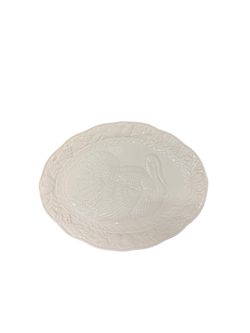 Turkey Platter White Ceramic Embossed Large Japan 17 5/8" Long Thanksgiving Vtg