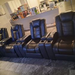 Set of Four 39" Adjustable Headrest Power Recliner Man Cave Home Theater Chair With Cup Holders USB LED