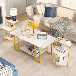 K245 $80  Coffee Table Set of 3,Rectangle Coffee Table&2 Accent Table,Faux Marble Tabletop,3 Piece Living Room Table Sets with Multi Tier Storage, for
