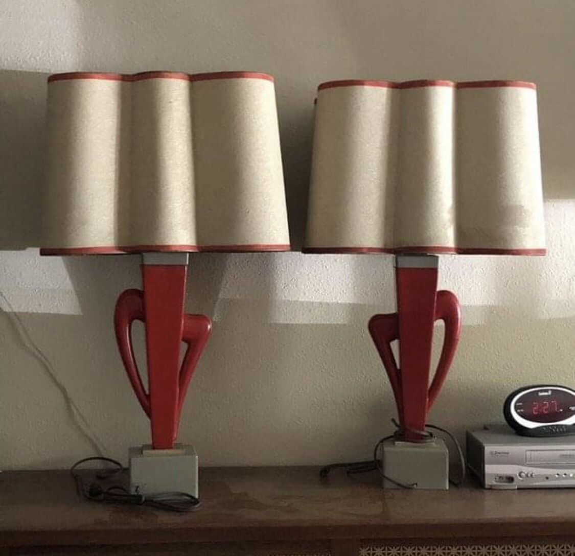 Vintage MCM Rare Rembrandt Atomic Table Lamps, Ceramic Red Cactus Table Bed Lamps