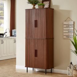 71" Fluted Kitchen Pantry Cabinet, Tall Pantry Storage Cabinet With Adjustable Shelves, 2 Pegboards & 4 Hooks