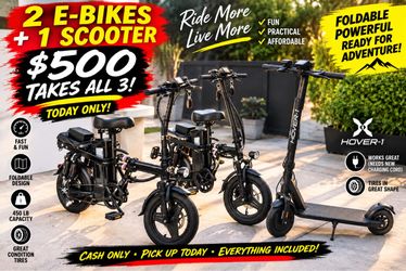 2 Foldable E-Bikes + Hover-1 Electric Scooter Bundle