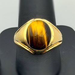 14k solid yellow gold 4Ct oval Tiger Eye stone ring sz11