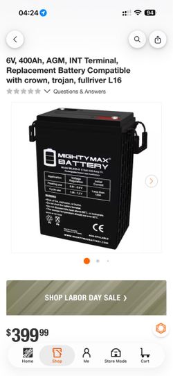 MIGHTY MAX BATTERY 6V, 400Ah, AGM, INT Terminal, Replacement Battery Compatible with crown, trojan, fullriver L16