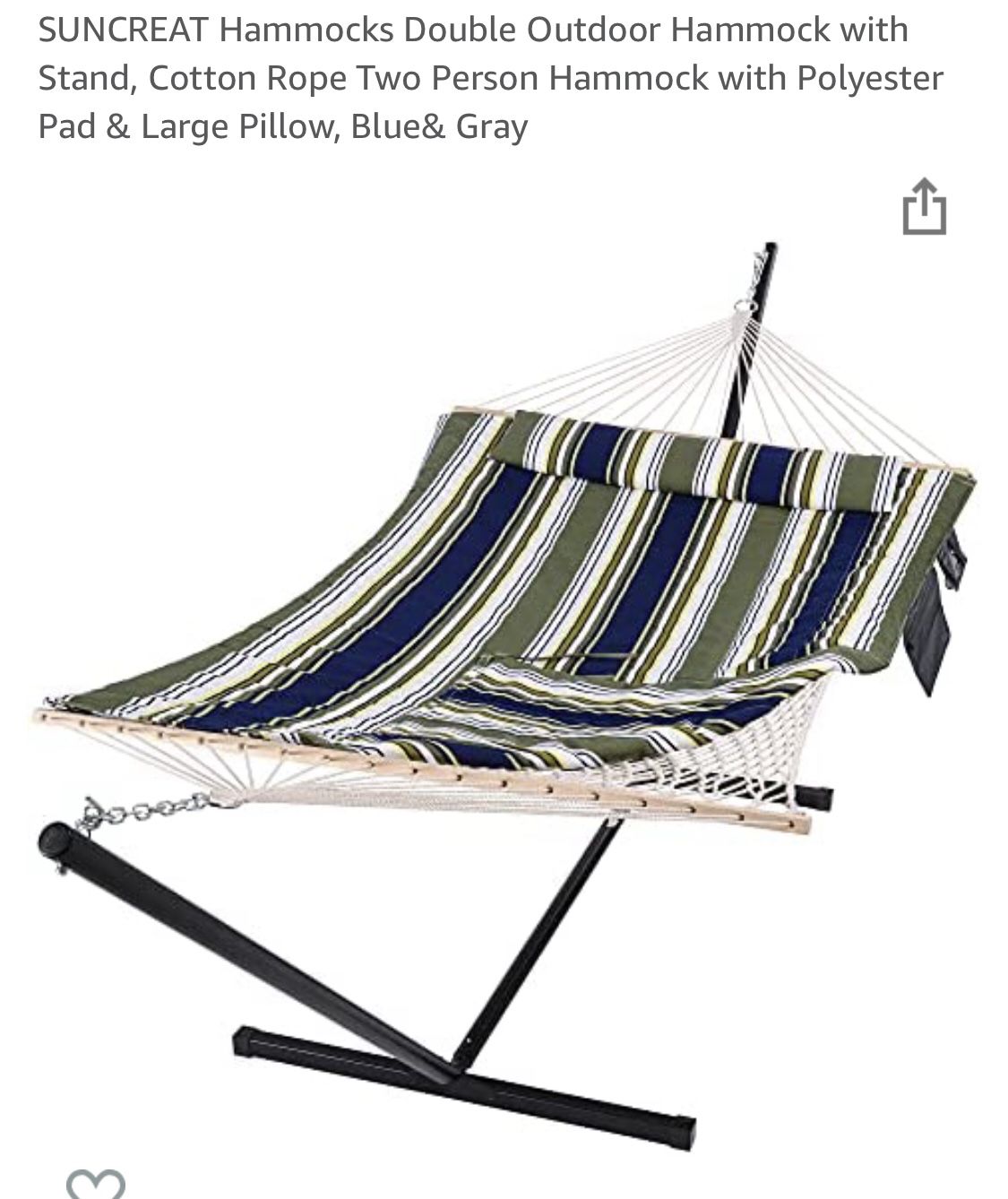 Hammocks Double Outdoor Hammock With Heavy Duty Stand, Cotton Rop Two Person Hammock With Polyester Pad & Large Pillow 