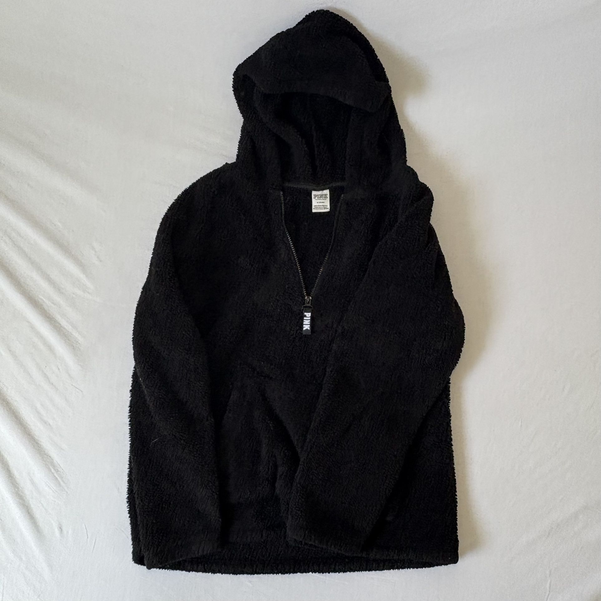PINK Victoria’s Secret Black Sherpa Hoodie Medium Quarter Zip Cozy
