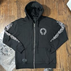 Chrome Hearts Horseshoe Floral Cross-Sleeve Zip Up Hoodie 'Black/White'🔥