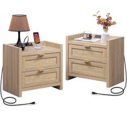 Rattan Nightstands Set of 2 Bedside Table - Bedroom Night Stand with Type-C Charging Station, 2 Drawers Storage - Boho Night Stands End Table for Bedr