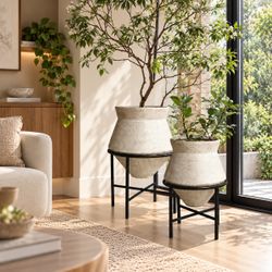 Luxenhome Beige cauldron cachepot planter with black stands, set of 2 , PL2169
