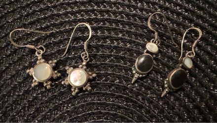 Two Pairs Silver Drop Earrings with Stone Inlay
