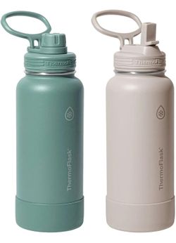 ThermoFlask Leakproof Insulated Stainless Steel Water Bottle Set, 32 oz Reusable Double Wall Vacuum Bottles with Straw & Chug Lids, 2 Pack, Mint & Cre