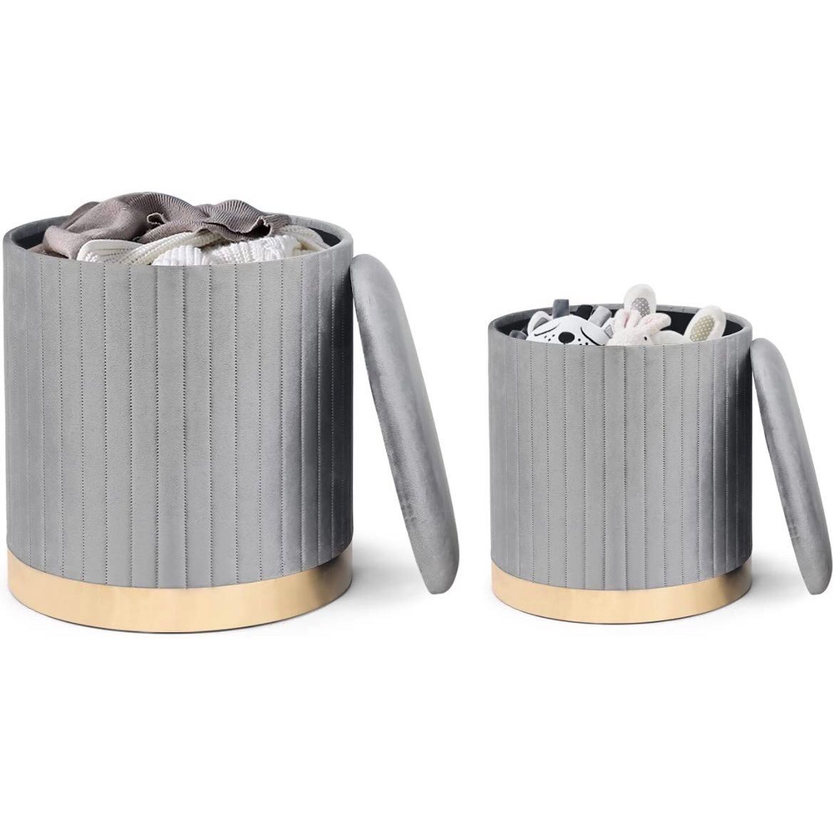 2 Nesting Grey And Gold Storage Ottomans