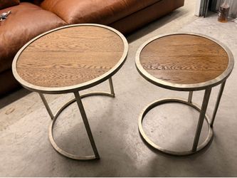 Authentic Restoration Hardware (RH) Oak & Brass Nesting Side Tables - Set of 2