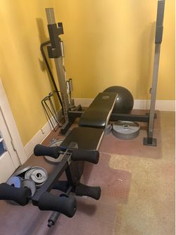 Heavy Duty Weight Lifting workout bench w leg attachment, bars, weights