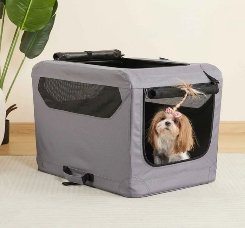 Vibrant life Folding Soft Dog Crate, 3-Door Pet Kennel, 26", Gray