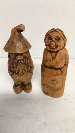 Ozark  Hillbilly Folk Art  The pair of  hand carved Wooden Gnomes are each 3.5 inches and very old. O