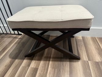 Cortesi Home Ari “X” Bench Ottoman – Beige Linen & Walnut Wood – Set of 2 or Sold Separately