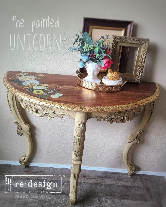 Ornate refinished demi lune half moon hallway table
