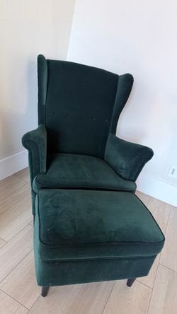 Green Velvet Wingback Chair with Ottoman