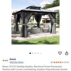 New In Box, 12’x12’ Polycarbonate Hardtop Gazebo With Curtain And Netting 