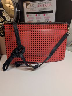 Women’s Red/Black Polka Dot Rectangle Crossbody Bag, Zip, Gold, Detach Strap