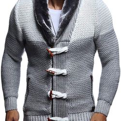 Leif Nelson LN 5370  Men's Knitted Cardigan With Faux Fur Collar  XL