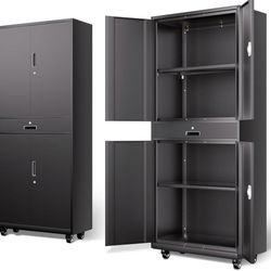 73'' Metal Storage Cabinet, Rolling Garage Cabinet with 1 Drawer and Adjustable Shelves, Lockable Heavy Duty Metal Locker for Garage,Office,Home,Gym 