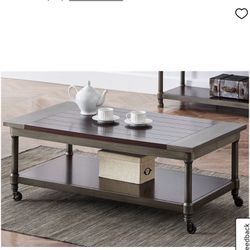 Coffee table Vintage wood cocktail table Locking swivel wheels coffee table metal frame coffee table cart