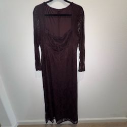SHEIN Burgundy Lace Long Sleeve Midi Dress