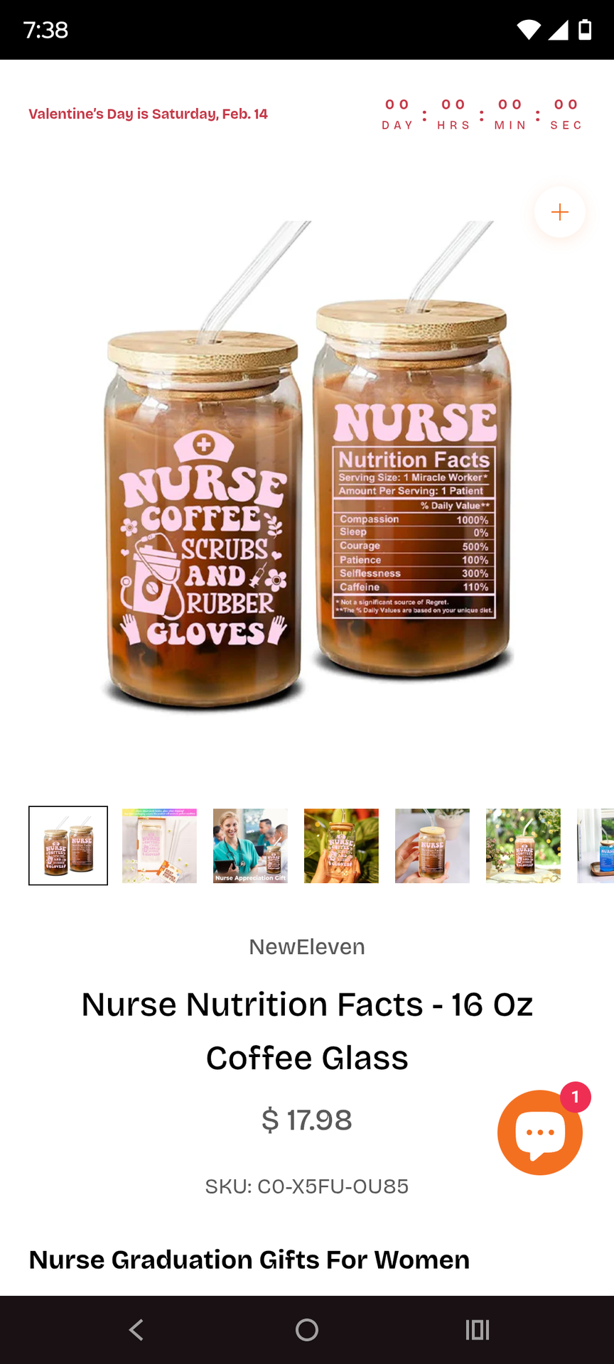 16 OZ nurse nutrition facts coffee glass - new in box