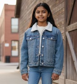 Old Navy Denim Jacket Girls size Medium -8 Sherpa lined  cropped Barn Coat