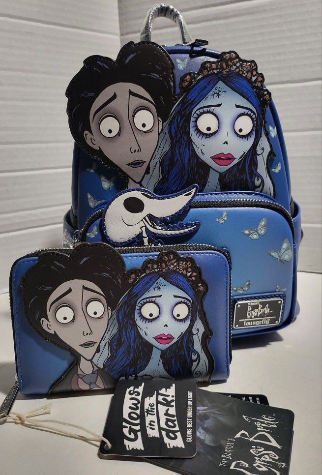 Loungefly Corpse Bride Victor And Emily And Scraps Dog Glow Backpack And Wallet Included Exclusive New With Tags 