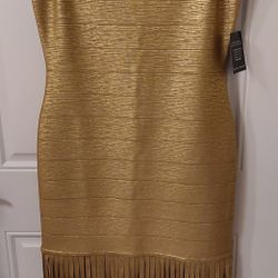 Boston Proper Fringe Trim Metallic Bandage Gold Dress (NWT)